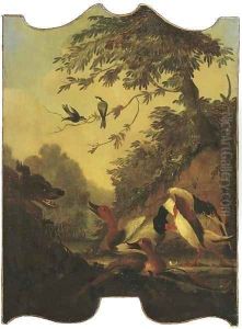 A wooded river landscape with ducks being stalked by a dog by Jacomo (or Victor, Jacobus) Victors
