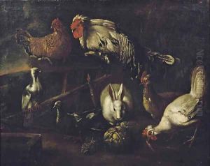 A rooster, chickens, pigeons and a hare outside a stable in a landscape by Jacomo (or Victor, Jacobus) Victors