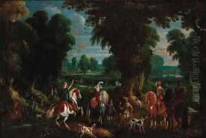 A hawking party in an extensive wooded landscape A hawking party in an extensive wooded landscape