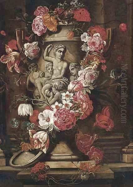 Roses, parrot tulips, morning glory, carnations and other flowers in a sculpted stone vase on a ledge - view 1