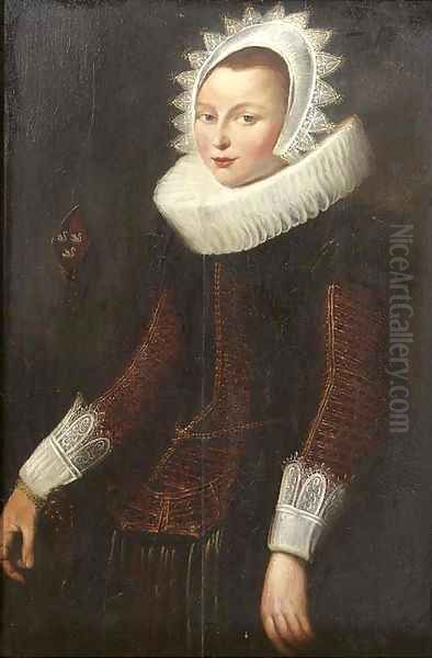 Portrait of a lady, standing three quarter length, wearing a gold embroidered red dress with molenkraag - view 1