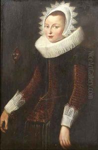 Portrait of a lady, standing three quarter length, wearing a gold embroidered red dress with molenkraag