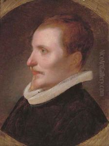 Portrait of a gentleman, bust-length, in a black coat and white ruff, painted circle