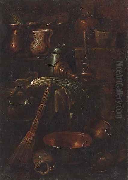 A bell, celery, ceramic pots and copper cooking vessels in a kitchen interior - view 1