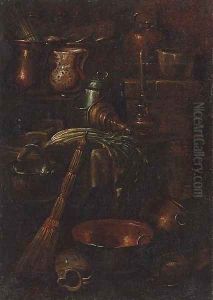 A bell, celery, ceramic pots and copper cooking vessels in a kitchen interior by Gian Domenico Valentino