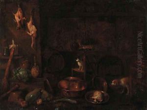 A dog, a cat and dead game with vegetables and cooking vessels in a kitchen interior by Gian Domenico Valentino
