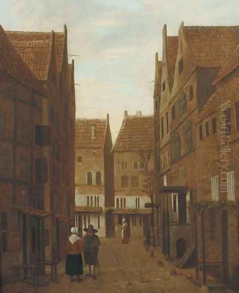 A city view with figures conversing in the street - view 1