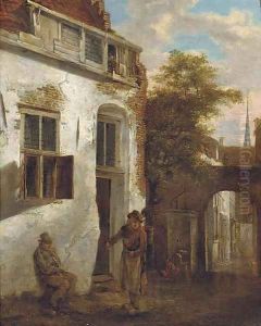 A courtyard scene with peasants by Jacobus Vrel