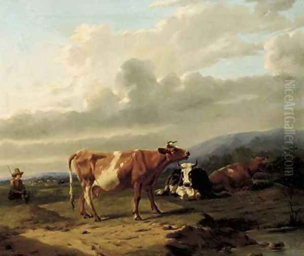 A cowherd and cattle in a summer landscape - view 1