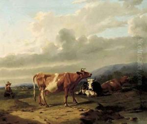 A cowherd and cattle in a summer landscape by Rosa Venneman
