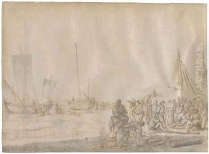Fishermen on the shore, ships beached beyond by Esaias Van Den Velde