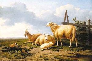 Sheep, a goat and chickens in a landscape