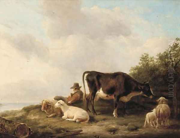A drover and his flock on a hillside - view 1
