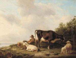 A drover and his flock on a hillside