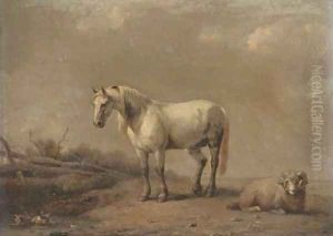 A horse and ram at the farm pond