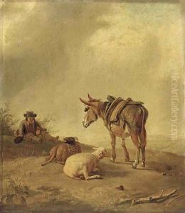 A pastoral landscape with a traveller and his donkey resting by two sheep