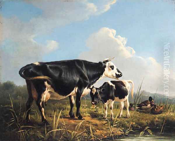 Cows and Ducks beside a Pond - view 1