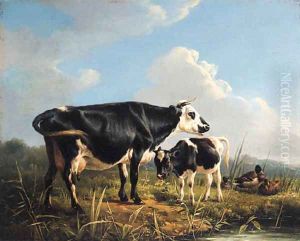 Cows and Ducks beside a Pond