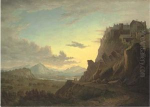 View Of Stirling Castle At Sunset, Figures On A Path In Theforeground