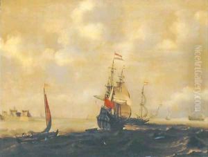 A Dutch three-master and other shipping in a breeze, a city in the distance