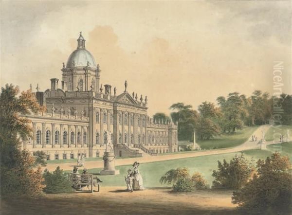 Figures Promenading Outside Castle Howard, Yorkshire - view 1