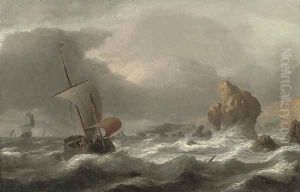 A rocky coastline with shipping in choppy seas