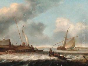 A fishing boat and a rowing boat off shore