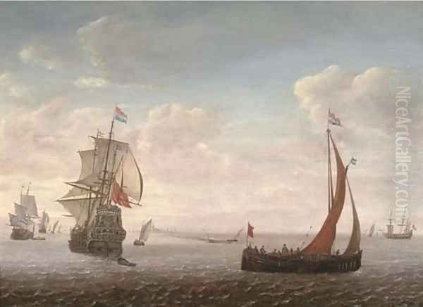 Dutch men-o'-war and other shipping in a calm by Simon De Vlieger