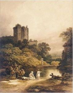 Landscape With Castle Tower And Figures By A Stream by Nicholson, F.