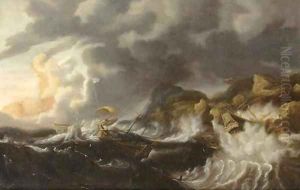 A gale threemasters foundering off a rocky coast