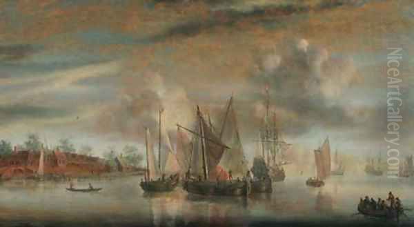 A calm Wijdships and a threemaster at anchor in a river estuary, at sunset - view 1