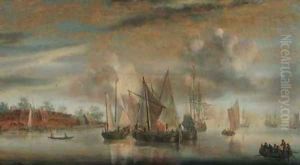 A calm Wijdships and a threemaster at anchor in a river estuary, at sunset by Abraham de Verwer