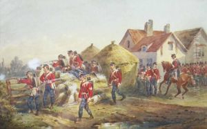 Scots Infantry Firing From Cover Near A Farmhouse With Mounted Officer To The Rear by Orlando Norie