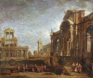 An architectural capriccio with elegant figures promenading and playing music