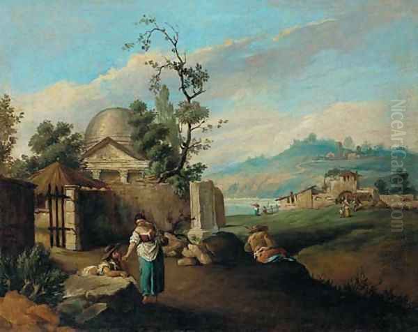 An Italianate river landscape with peasants before a temple - view 1