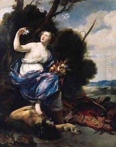 An allegory of Abundance a vanquished soldier at the feet of a maiden holding a lily and a basket of fruit by Aubin Vouet