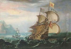 A Dutch man-o'-war and other shipping in choppy seas