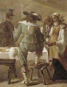 A cavalryman having his palm read in an inn