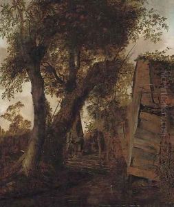 A wooded landscape with a peasant outside a barn by Roelof van Vries