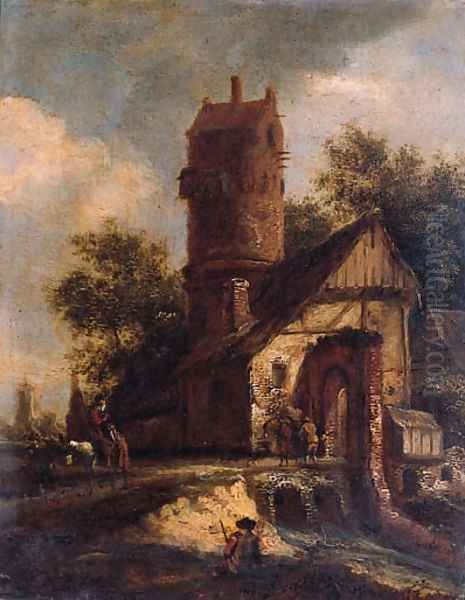 Travellers crossing a torrent by a fortified farmhouse near a dovecote - view 1