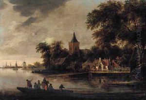 A river landscape with fishermen, a village beyond