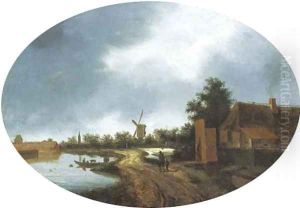 A river landscape with travellers on a path, a windmill beyond by Roelof van Vries