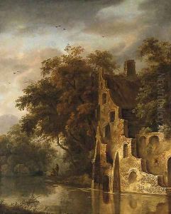 A wooded River Landscape with a Ruin, Anglers on a Bank beyond