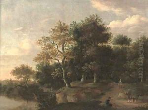 A wooded river landscape with figures on a track by Roelof van Vries