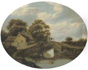 A wooded river landscape wih figures on a bridge near a house by Roelof van Vries