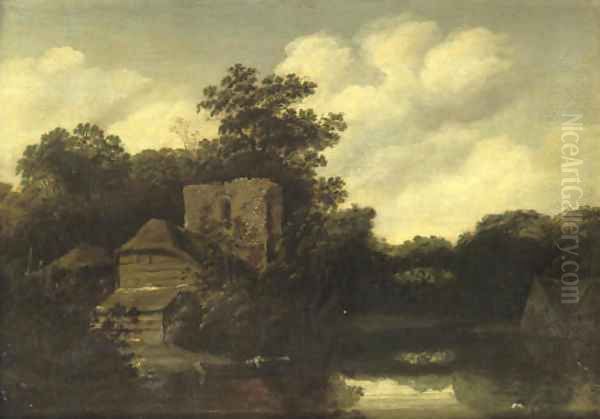 A wooded river landscape with a ruined tower and cottages by Roelof van Vries