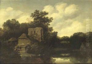 A wooded river landscape with a ruined tower and cottages