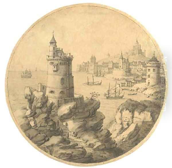 An imaginary coastal landscape with a tower, a port beyond - view 1