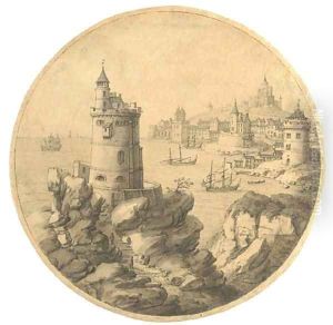 An imaginary coastal landscape with a tower, a port beyond by Theodor Vercruys