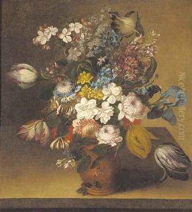Honeysuckle, irises, stocks, tulips, chrysanthemums and narcissi in a vase on a table by Gaspar-pieter The Younger Verbruggen